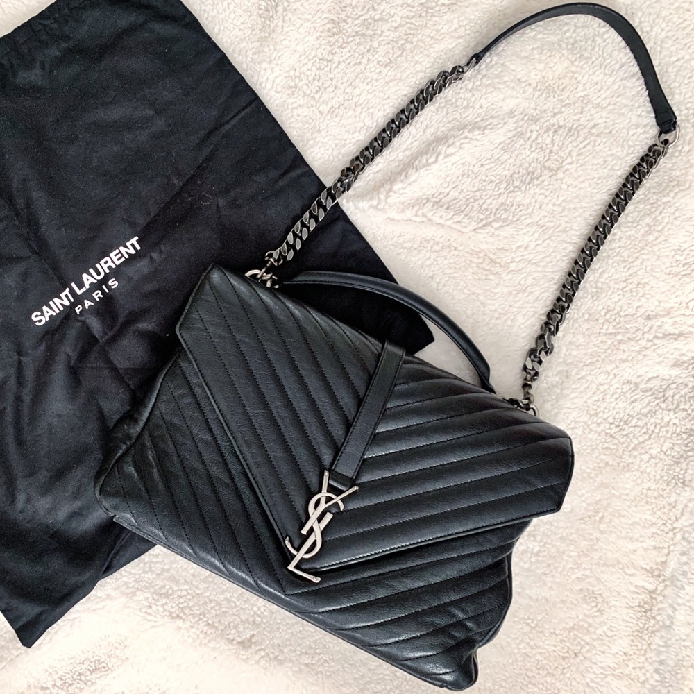 YSL Matelasse Chevron Large College Black Satchel